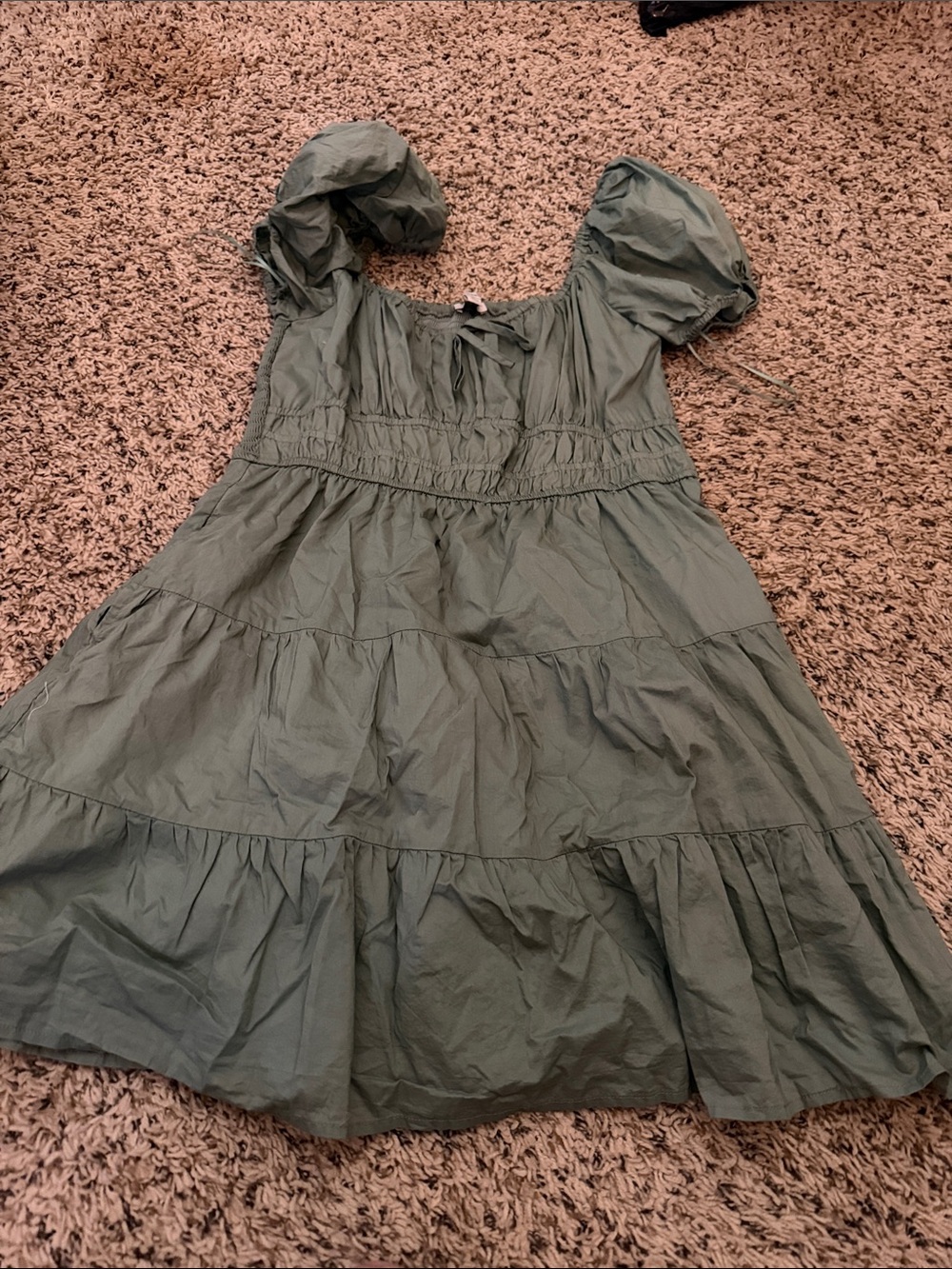 Francesca's Collections Olive Tiered Puff Sleeve Mini Dress